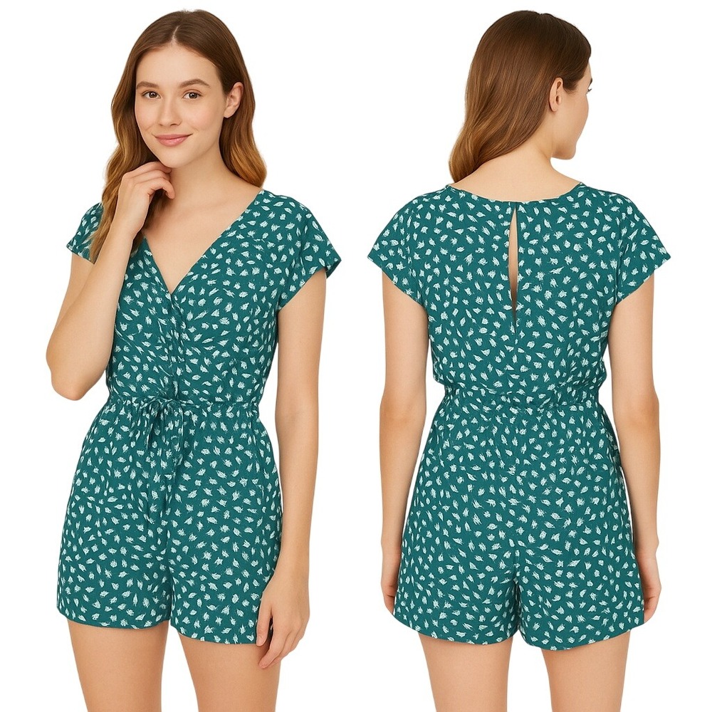 GiGio Romper Size Small Dark Teal‎ White V-Neck Tie Waist Polka Dot Pockets Chic